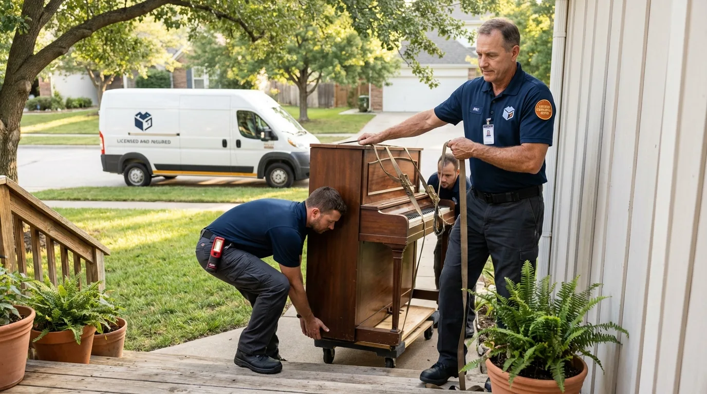 Licensed piano movers securing grand piano in Granger, IA