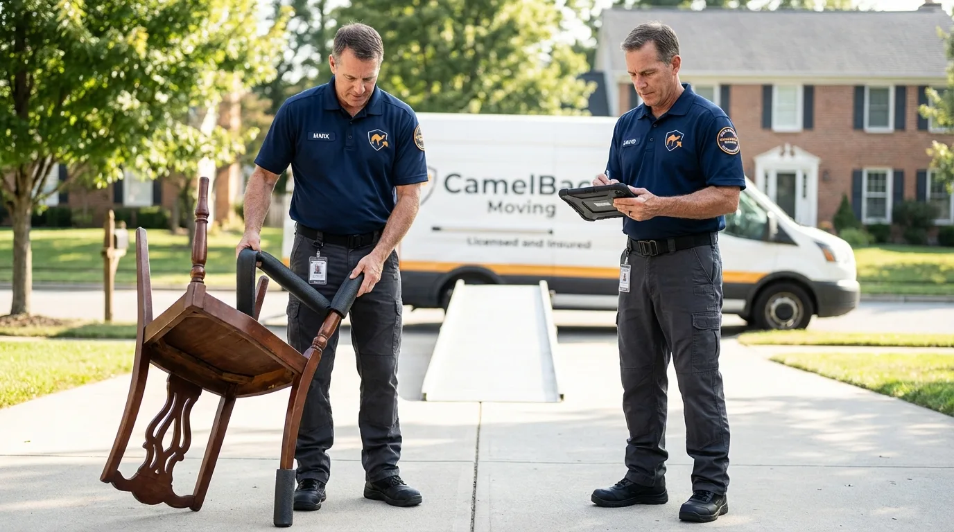 Movers inspecting furniture for damage prevention before loading in Granger, IA